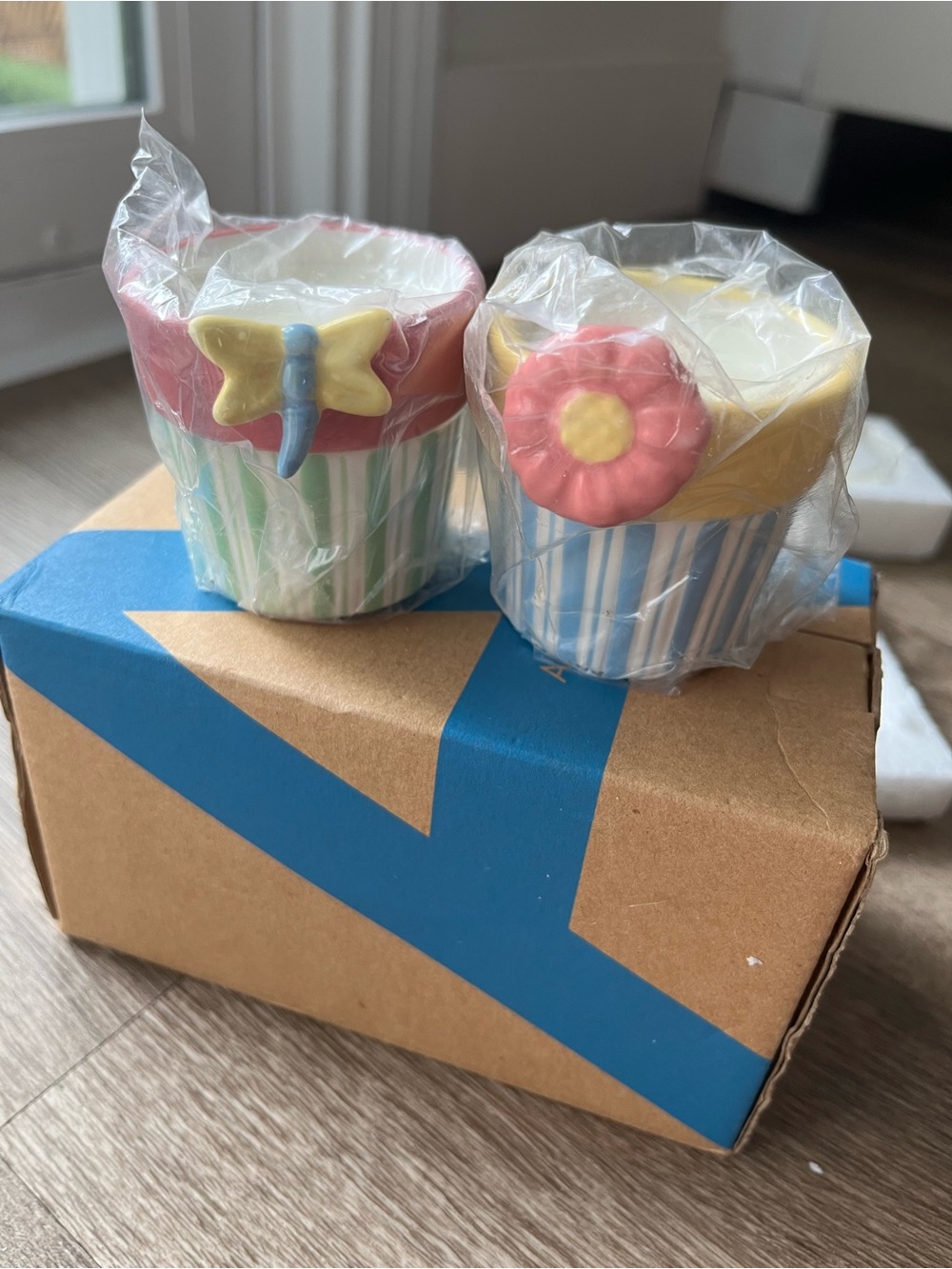Avon Decorative Butterfly & Flower Cup Candle Set - Pink, Yellow, Blue
